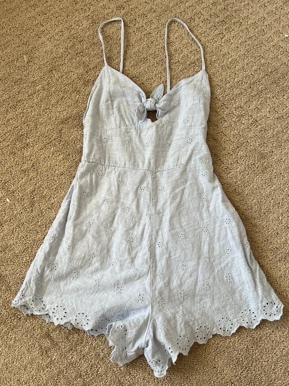 NEW Zara Romper Onesie Light Blue Bow Spaghetti Straps Eyelet Detail Side Zip XS
